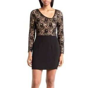 Dress The Population Chante Dress XS Lace Asymmetrical Neck Black Multi EUC B8